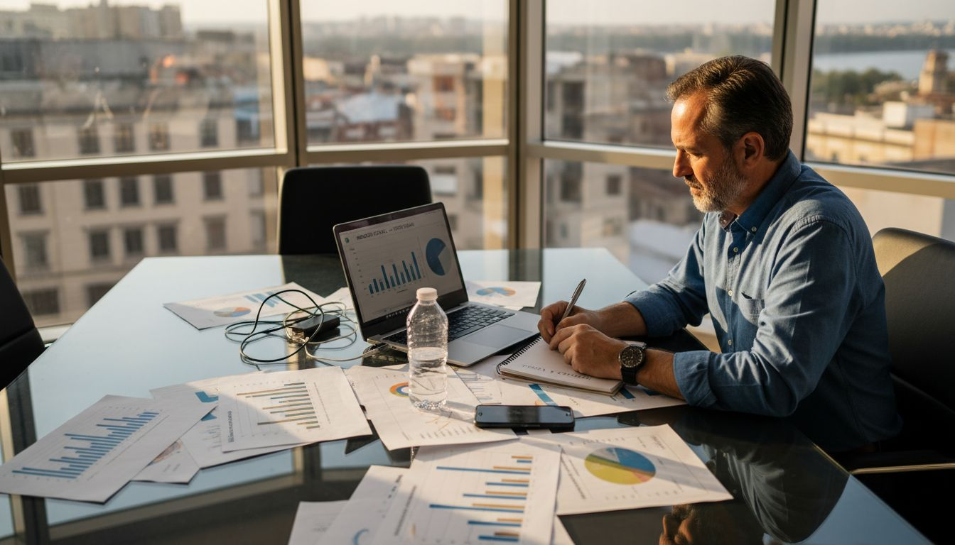 Un emprendedor analiza las tendencias del mercado en su oficina, buscando nuevas oportunidades para hacer crecer su negocio.