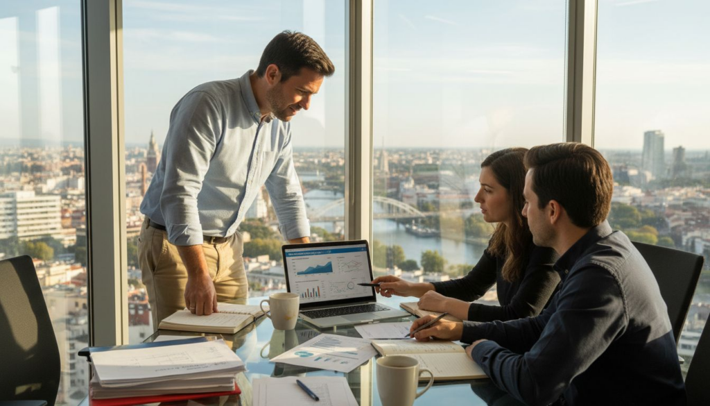 El equipo directivo de una PYME trabajando en conjunto para definir la estrategia digital de la empresa.