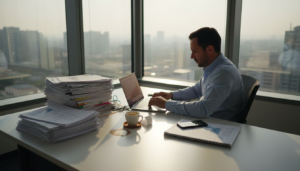 Especialista analiza los resultados de una campaña publicitaria desde su escritorio.