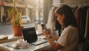 Emprendedora al frente de su propio negocio editando videos para Instagram