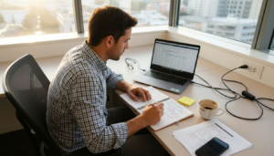 Especialista en SEO analizando métricas frente al ordenador en una oficina bien iluminada.