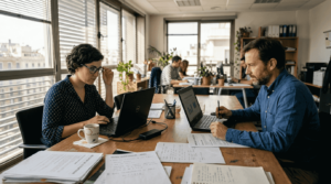 Dos personas del equipo analizan información del sistema ERP en la oficina.