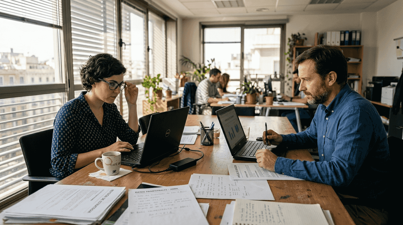 Dos personas del equipo analizan información del sistema ERP en la oficina.