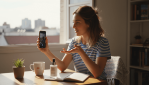Microinfluencer grabando en casa una reseña de producto