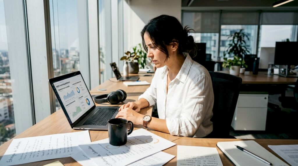 Especialista analizando una campaña digital en su puesto de trabajo