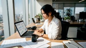 Especialista analizando una campaña digital en su puesto de trabajo