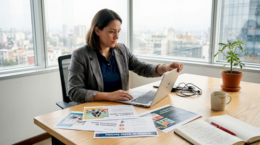 Profesional de marketing analizando estadísticas en su lugar de trabajo