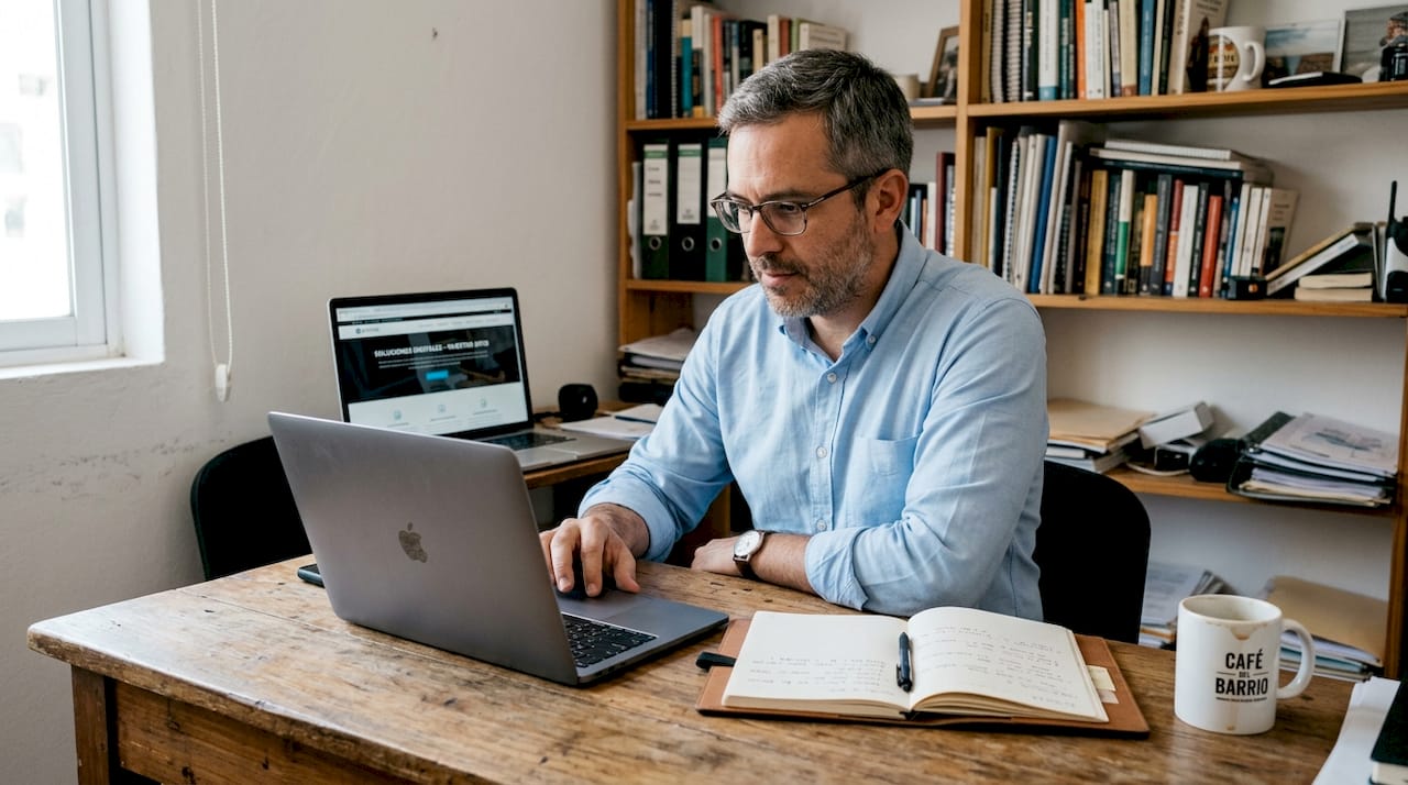 Un emprendedor gestionando el sitio web de su negocio desde una oficina modesta