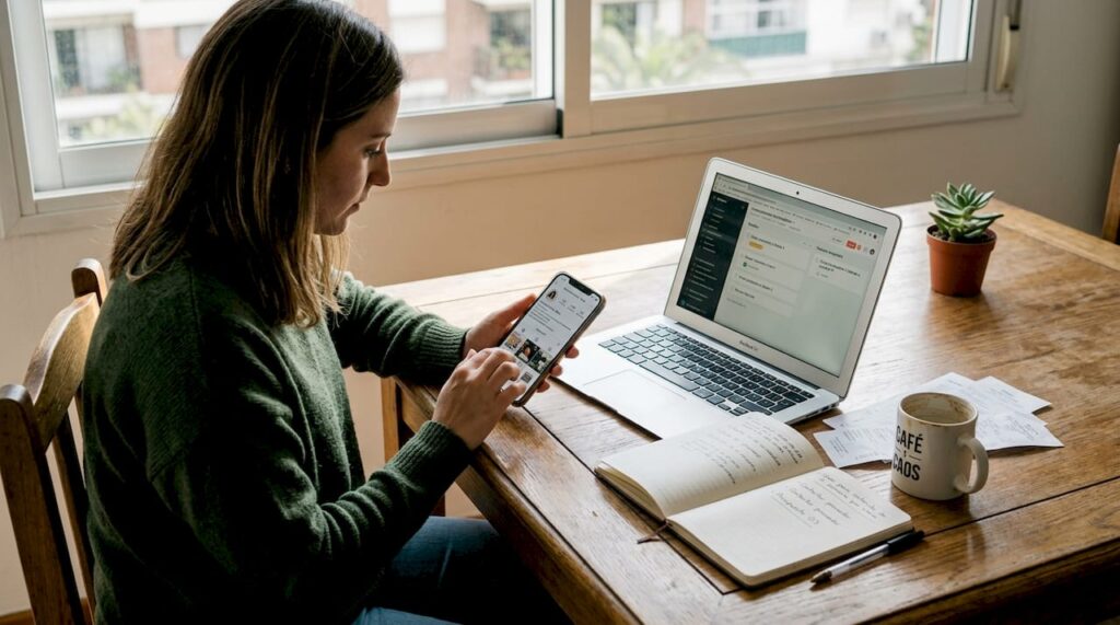 Una emprendedora revisando su Instagram desde la comodidad de su hogar.