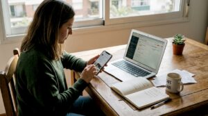 Una emprendedora revisando su Instagram desde la comodidad de su hogar.