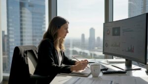 Una ejecutiva analiza los resultados de la campaña publicitaria en televisión desde su oficina.